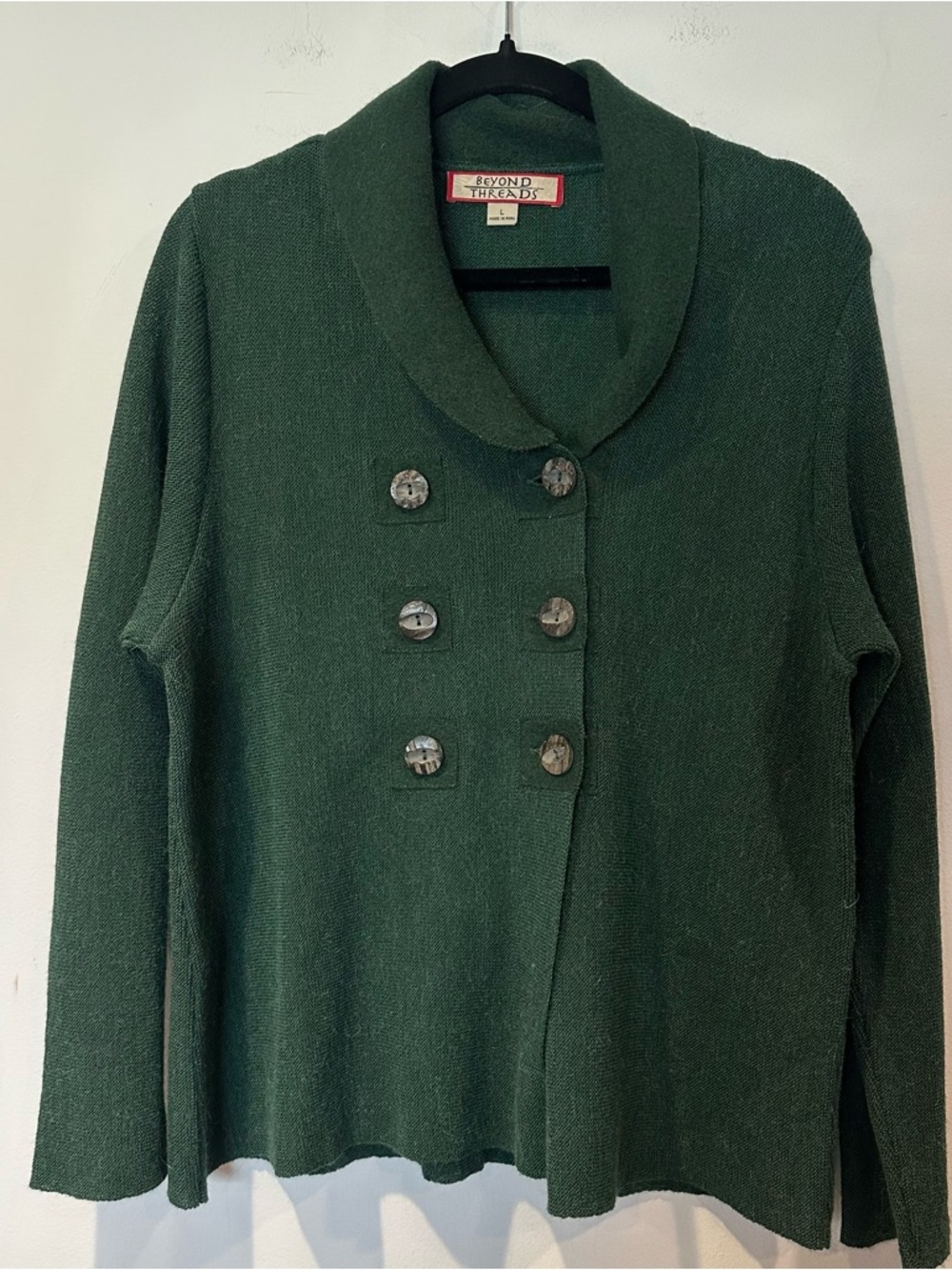 Beyond Threads Forest Green Shawl Collar Double-Breasted wool/ alpaca Sweater